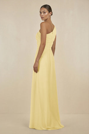 Ruffled One - Shoulder Pleated Sheath Bridesmaid Dress in Pastel Yellow - KissProm Bridesmaid Dresses
