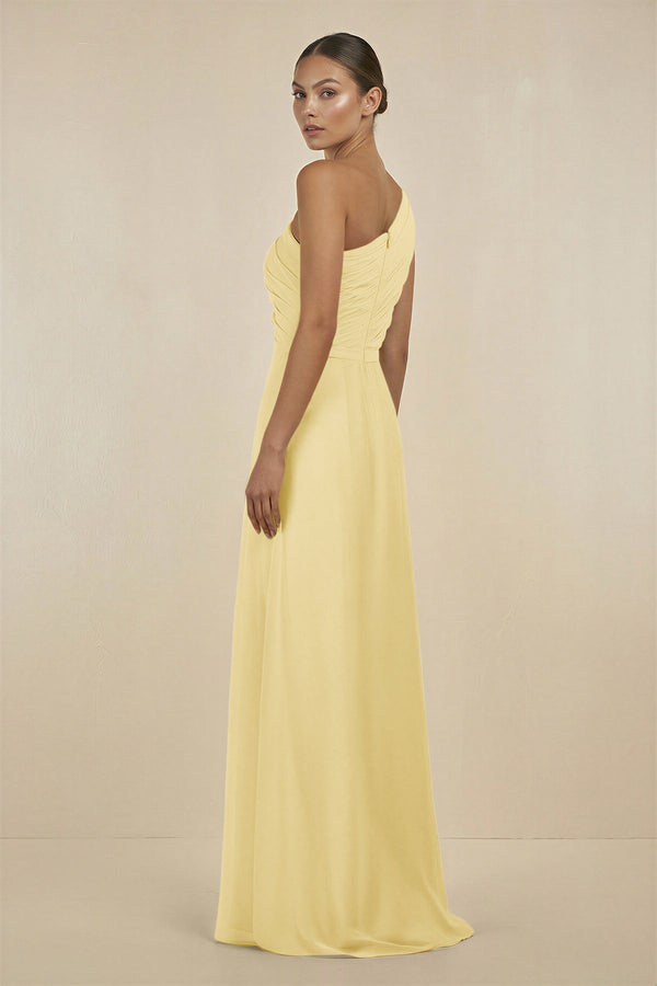 Ruffled One - Shoulder Pleated Sheath Bridesmaid Dress in Pastel Yellow - KissProm Bridesmaid Dresses