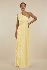 Ruffled One - Shoulder Pleated Sheath Bridesmaid Dress in Pastel Yellow - KissProm Bridesmaid Dresses