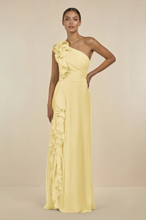 Ruffled One - Shoulder Pleated Sheath Bridesmaid Dress in Pastel Yellow - KissProm Bridesmaid Dresses