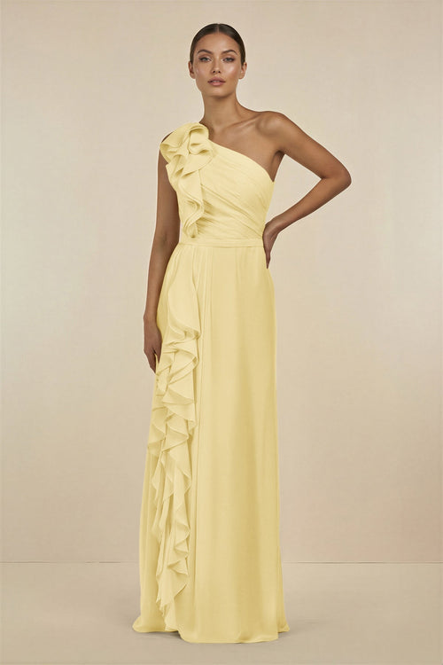 Ruffled One - Shoulder Pleated Sheath Bridesmaid Dress in Pastel Yellow - KissProm Bridesmaid Dresses