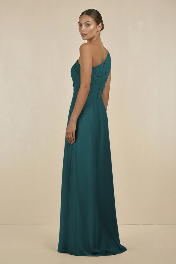 Ruffled One - Shoulder Pleated Sheath Bridesmaid Dress in Pine - KissProm Bridesmaid Dresses
