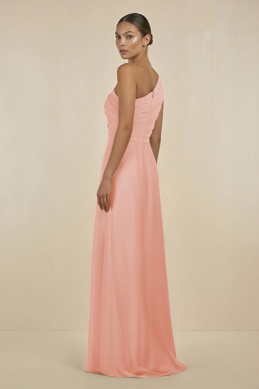 Ruffled One - Shoulder Pleated Sheath Bridesmaid Dress in Rose Petal - KissProm Bridesmaid Dresses