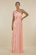Ruffled One - Shoulder Pleated Sheath Bridesmaid Dress in Rose Petal - KissProm Bridesmaid Dresses