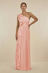 Ruffled One - Shoulder Pleated Sheath Bridesmaid Dress in Rose Petal - KissProm Bridesmaid Dresses