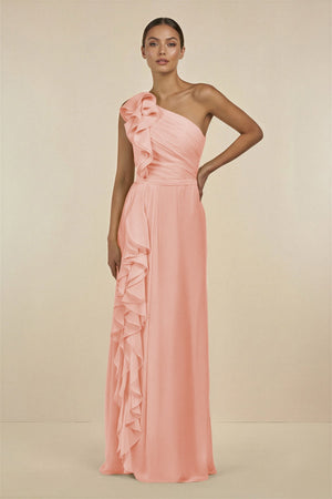 Ruffled One - Shoulder Pleated Sheath Bridesmaid Dress in Rose Petal - KissProm Bridesmaid Dresses