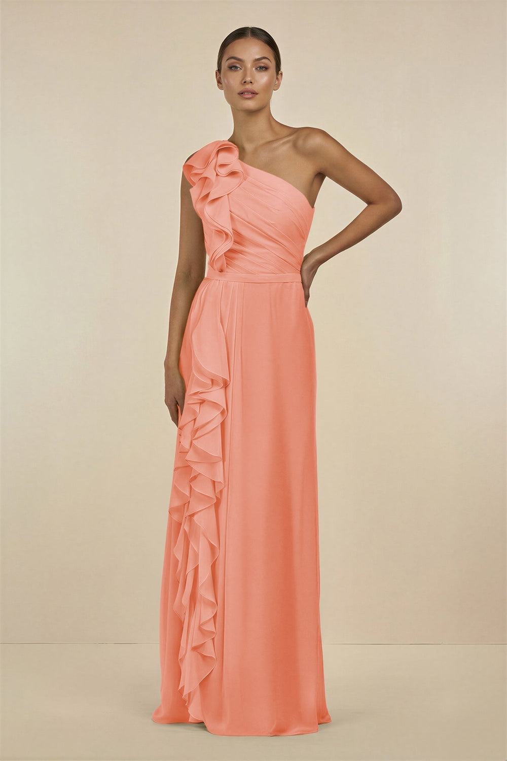 Ruffled One - Shoulder Pleated Sheath Bridesmaid Dress in Rosette - KissProm Bridesmaid Dresses
