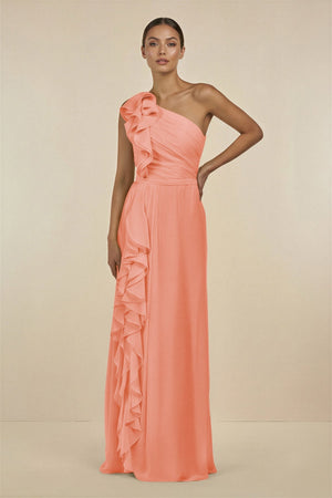 Ruffled One - Shoulder Pleated Sheath Bridesmaid Dress in Rosette - KissProm Bridesmaid Dresses