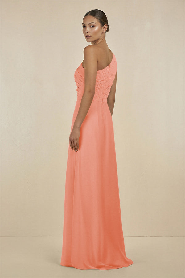 Ruffled One - Shoulder Pleated Sheath Bridesmaid Dress in Rosette - KissProm Bridesmaid Dresses