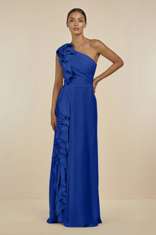 KissProm Ruffled One-Shoulder Pleated Sheath Bridesmaid Dress in Royal Blue, Royal Blue / 12