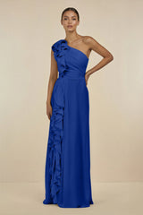 Ruffled One - Shoulder Pleated Sheath Bridesmaid Dress in Royal Blue - KissProm Bridesmaid Dresses