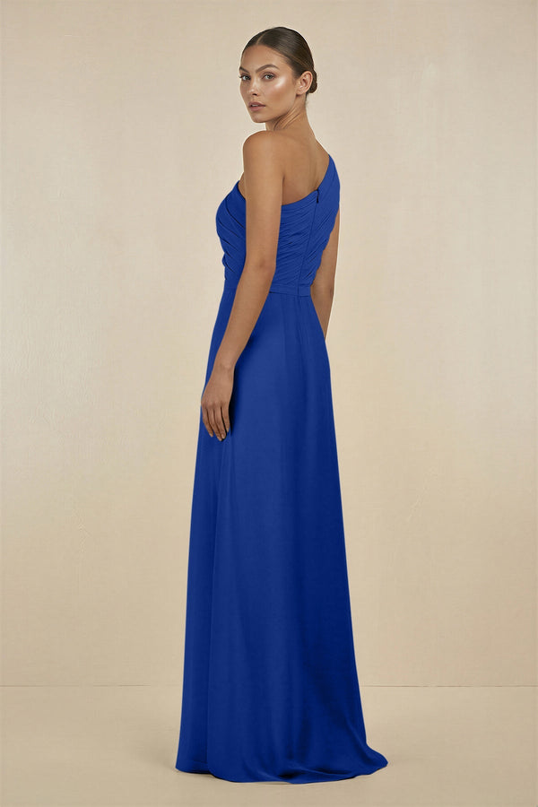 Ruffled One - Shoulder Pleated Sheath Bridesmaid Dress in Royal Blue - KissProm Bridesmaid Dresses