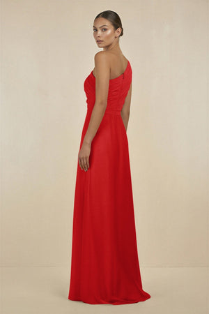 Ruffled One - Shoulder Pleated Sheath Bridesmaid Dress in Ruby Red - KissProm Bridesmaid Dresses