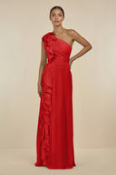 Ruffled One - Shoulder Pleated Sheath Bridesmaid Dress in Ruby Red - KissProm Bridesmaid Dresses