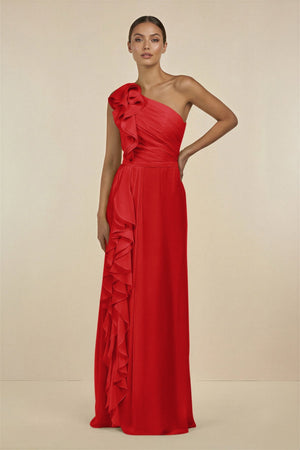 Ruffled One - Shoulder Pleated Sheath Bridesmaid Dress in Ruby Red - KissProm Bridesmaid Dresses
