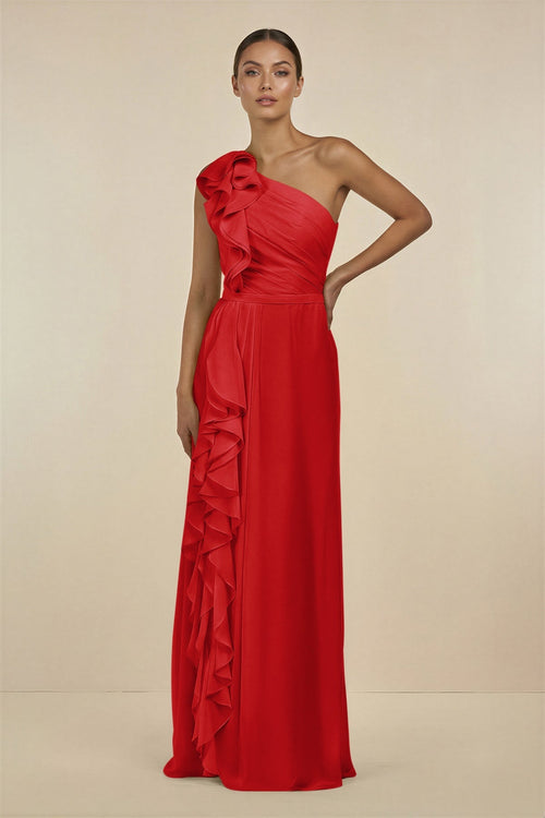 Ruffled One - Shoulder Pleated Sheath Bridesmaid Dress in Ruby Red - KissProm Bridesmaid Dresses
