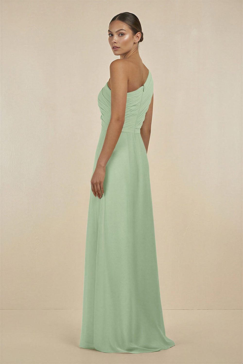 Ruffled One - Shoulder Pleated Sheath Bridesmaid Dress in Sage - KissProm Bridesmaid Dresses