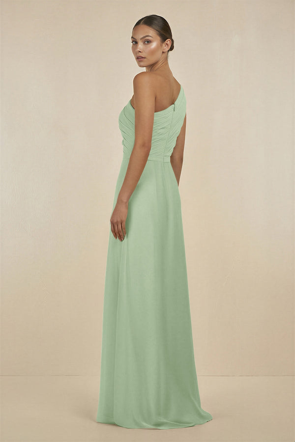 Ruffled One - Shoulder Pleated Sheath Bridesmaid Dress in Sage - KissProm Bridesmaid Dresses