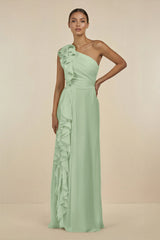 Ruffled One - Shoulder Pleated Sheath Bridesmaid Dress in Sage - KissProm Bridesmaid Dresses