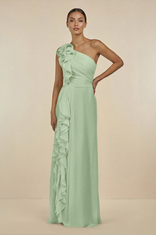 Ruffled One - Shoulder Pleated Sheath Bridesmaid Dress in Sage - KissProm Bridesmaid Dresses