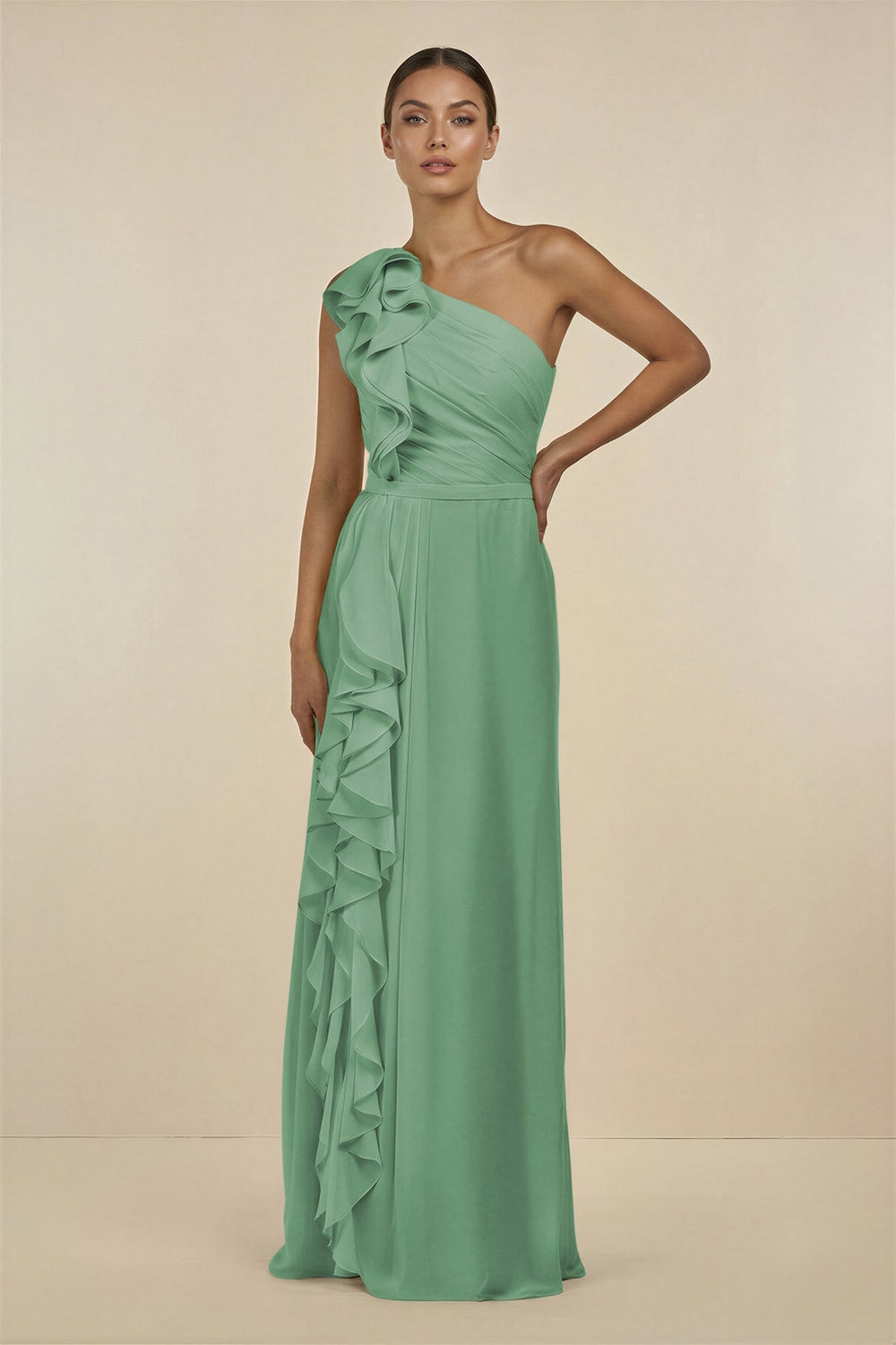 Ruffled One - Shoulder Pleated Sheath Bridesmaid Dress in Sea Glass - KissProm Bridesmaid Dresses