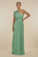 Ruffled One - Shoulder Pleated Sheath Bridesmaid Dress in Sea Glass - KissProm Bridesmaid Dresses