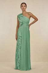 Ruffled One - Shoulder Pleated Sheath Bridesmaid Dress in Sea Glass - KissProm Bridesmaid Dresses