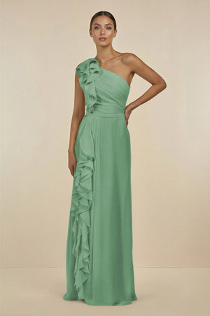 Ruffled One - Shoulder Pleated Sheath Bridesmaid Dress in Sea Glass - KissProm Bridesmaid Dresses
