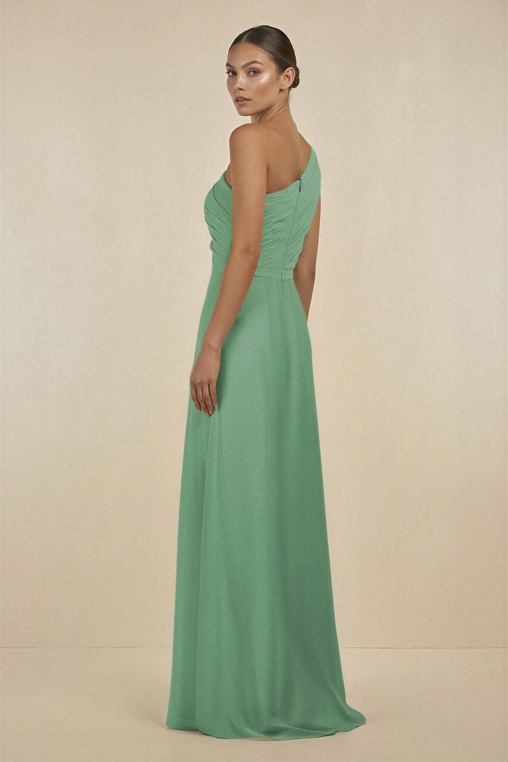 Ruffled One - Shoulder Pleated Sheath Bridesmaid Dress in Sea Glass - KissProm Bridesmaid Dresses