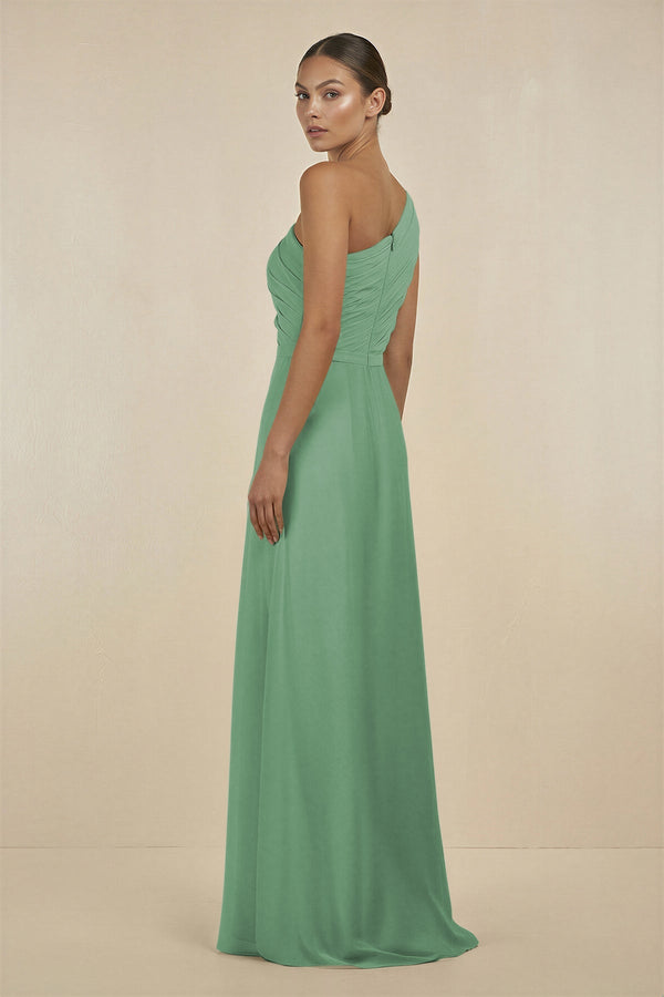 Ruffled One - Shoulder Pleated Sheath Bridesmaid Dress in Sea Glass - KissProm Bridesmaid Dresses