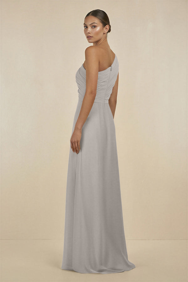 KissProm Ruffled One-Shoulder Pleated Sheath Bridesmaid Dress in Silver, Silver / 26