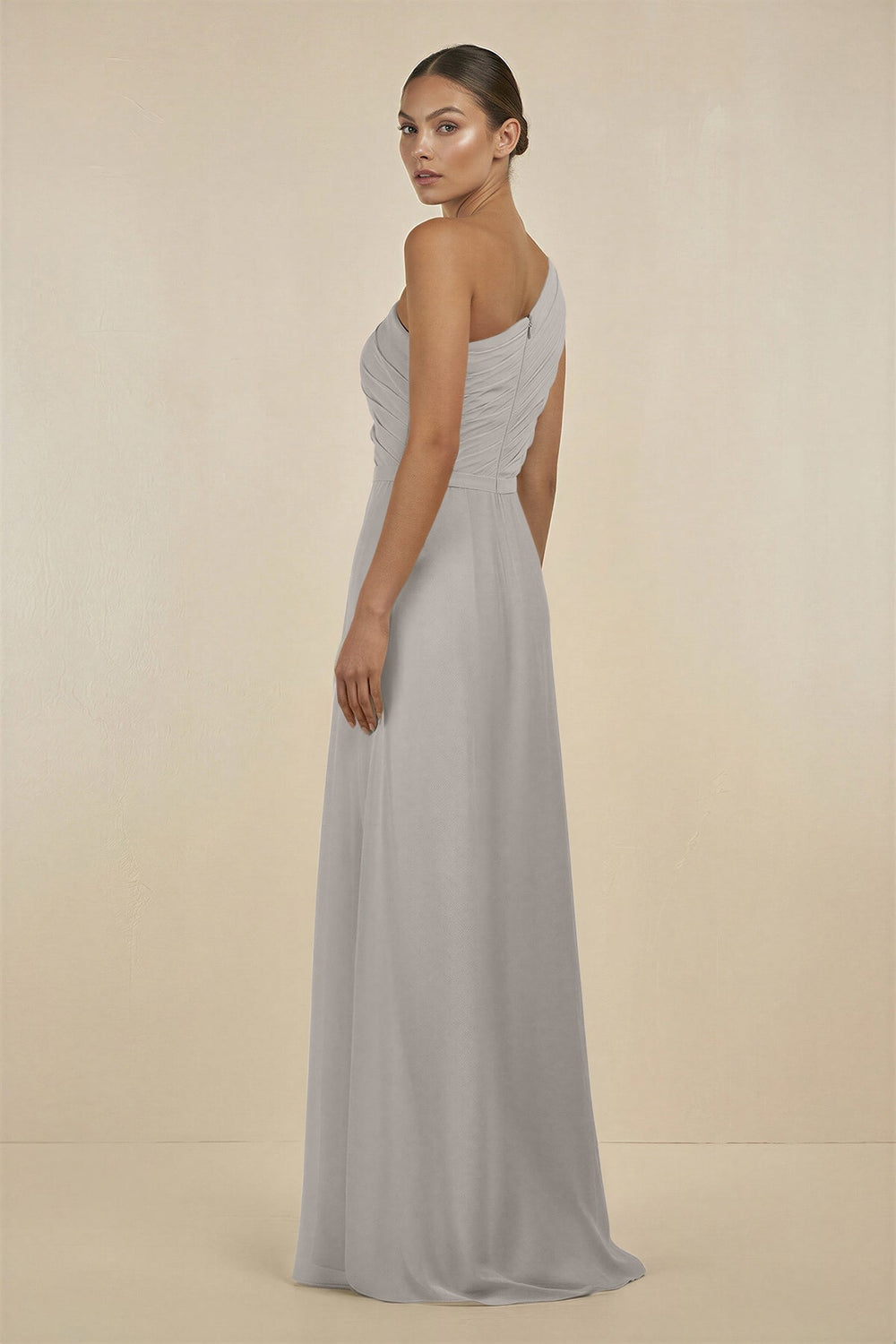 Ruffled One - Shoulder Pleated Sheath Bridesmaid Dress in Silver - KissProm Bridesmaid Dresses