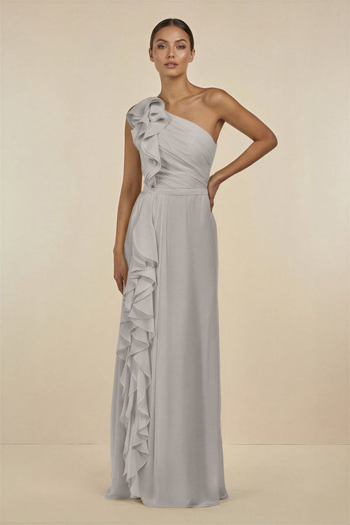 Ruffled One - Shoulder Pleated Sheath Bridesmaid Dress in Silver - KissProm Bridesmaid Dresses