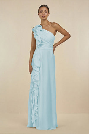 Ruffled One - Shoulder Pleated Sheath Bridesmaid Dress in Sky Blue - KissProm Bridesmaid Dresses