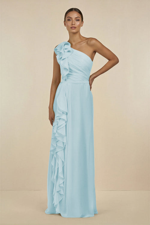 Ruffled One - Shoulder Pleated Sheath Bridesmaid Dress in Sky Blue - KissProm Bridesmaid Dresses
