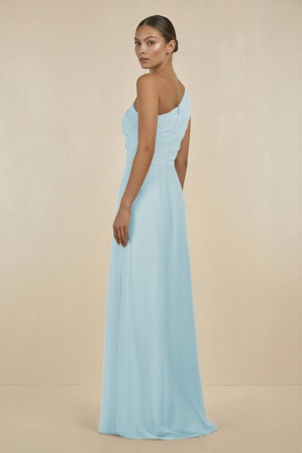 Ruffled One - Shoulder Pleated Sheath Bridesmaid Dress in Sky Blue - KissProm Bridesmaid Dresses