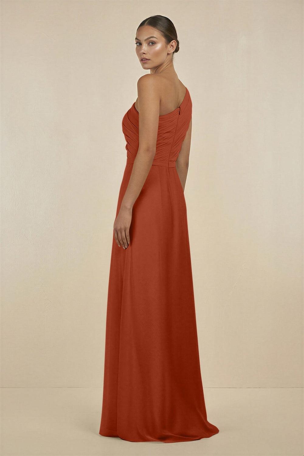 Ruffled One - Shoulder Pleated Sheath Bridesmaid Dress in Spice - KissProm Bridesmaid Dresses
