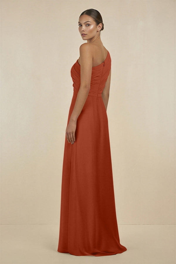 Ruffled One - Shoulder Pleated Sheath Bridesmaid Dress in Spice - KissProm Bridesmaid Dresses