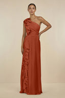 Ruffled One - Shoulder Pleated Sheath Bridesmaid Dress in Spice - KissProm Bridesmaid Dresses