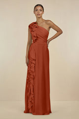 Ruffled One - Shoulder Pleated Sheath Bridesmaid Dress in Spice - KissProm Bridesmaid Dresses