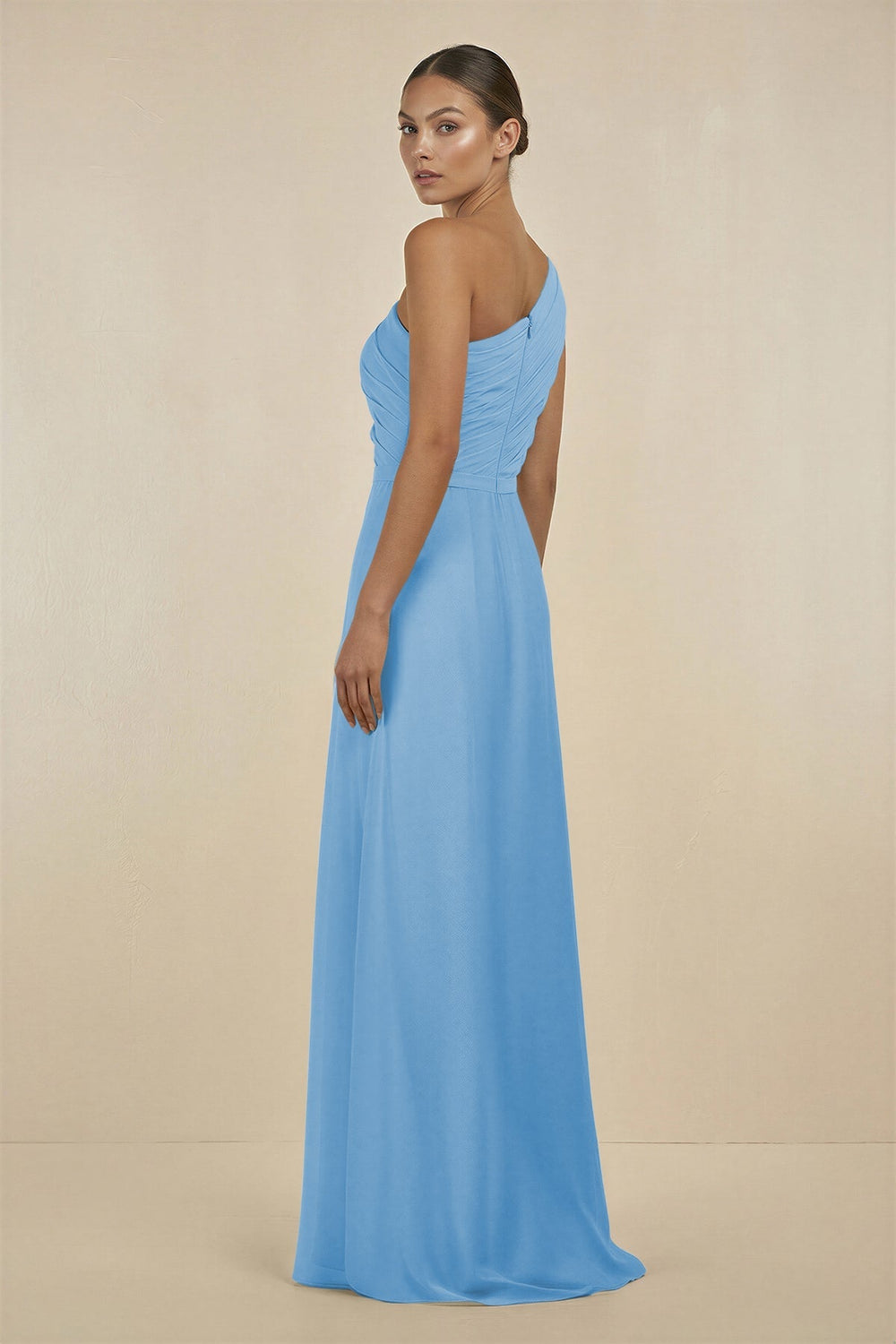 Ruffled One - Shoulder Pleated Sheath Bridesmaid Dress in Steel Blue - KissProm Bridesmaid Dresses