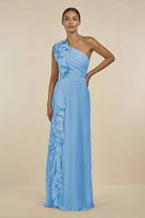 Ruffled One - Shoulder Pleated Sheath Bridesmaid Dress in Steel Blue - KissProm Bridesmaid Dresses