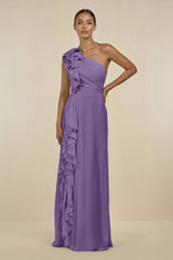 Ruffled One - Shoulder Pleated Sheath Bridesmaid Dress in Tahiti - KissProm Bridesmaid Dresses