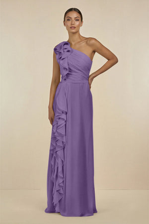 Ruffled One - Shoulder Pleated Sheath Bridesmaid Dress in Tahiti - KissProm Bridesmaid Dresses