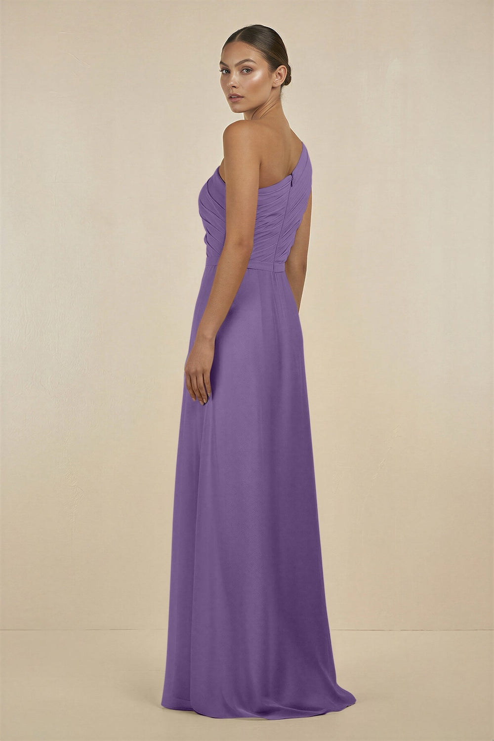 Ruffled One - Shoulder Pleated Sheath Bridesmaid Dress in Tahiti - KissProm Bridesmaid Dresses