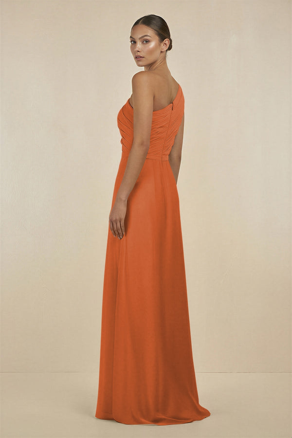 Ruffled One - Shoulder Pleated Sheath Bridesmaid Dress in Terracotta - KissProm Bridesmaid Dresses