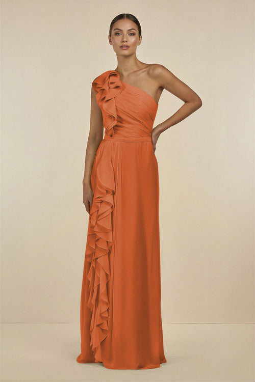 Ruffled One - Shoulder Pleated Sheath Bridesmaid Dress in Terracotta - KissProm Bridesmaid Dresses
