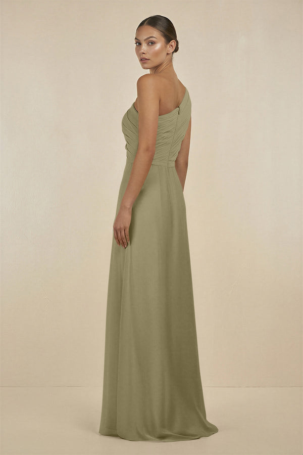 Ruffled One - Shoulder Pleated Sheath Bridesmaid Dress in Thyme - KissProm Bridesmaid Dresses