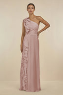 Ruffled One - Shoulder Pleated Sheath Bridesmaid Dress in Toffee - KissProm Bridesmaid Dresses