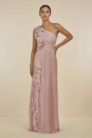 Ruffled One - Shoulder Pleated Sheath Bridesmaid Dress in Toffee - KissProm Bridesmaid Dresses